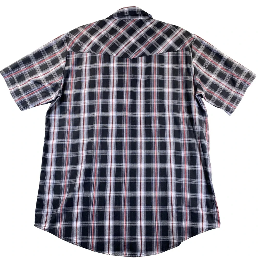 Plains Western Wear Men Large Tall Pearl Snap Shirt Short Sleeve Plaid Black Red